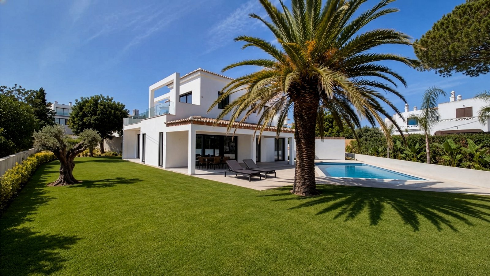Poolbereich der Casa Sol Férias mit Palmen und Sonnenterrasse